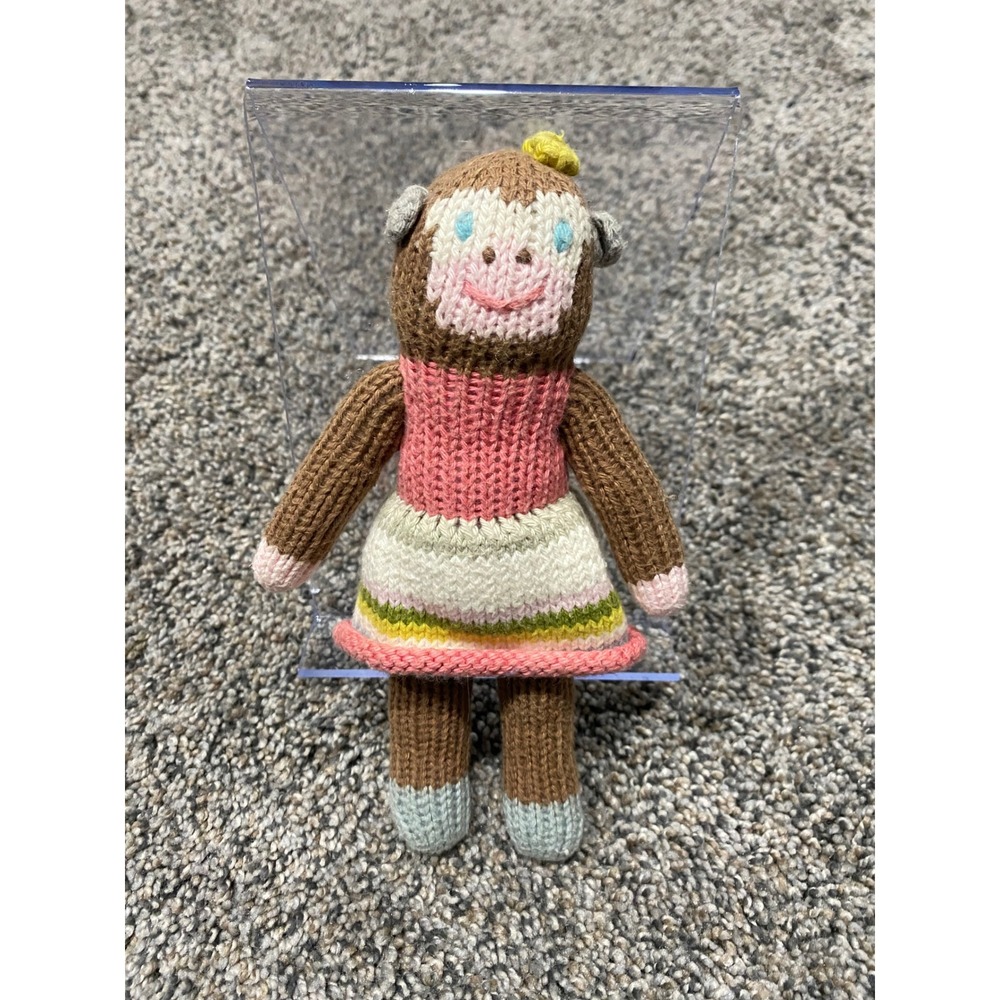Blabla Monkey Plush Doll Kids OS Brown Excellent Knit Cotton Striped Dress Toy